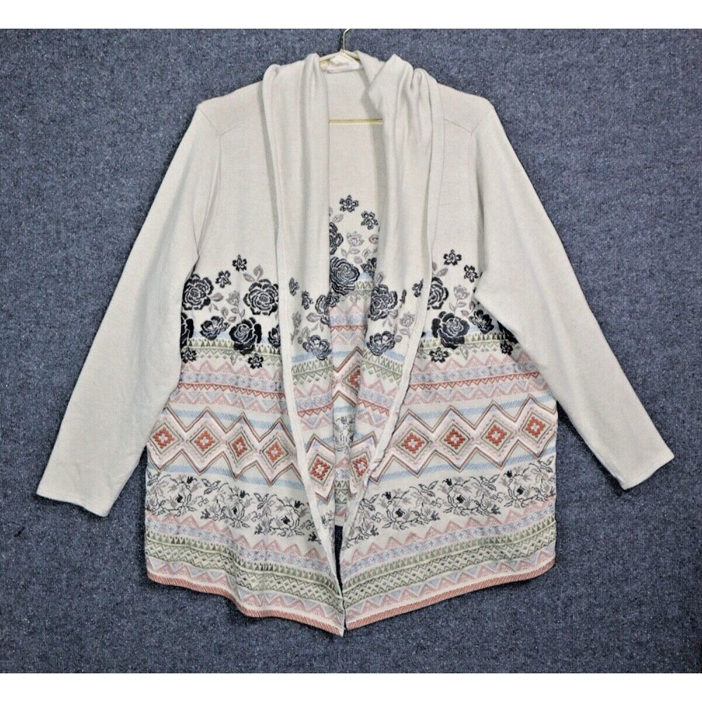 Savana Jane Hoody Women 2X /‎ 3X Beige Embroidered Floral Aztec Inspiration Open